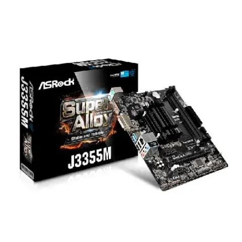 Vista frontal del Combo Asrock J3355B-ITX Celeron junto a sus componentes clave, destacando su diseño compacto y eficiente. Motherd Board