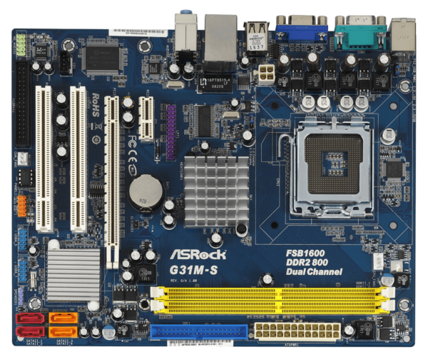 Placa base ASRock G31M-S, una solución económica y potente para tu PC Intel LGA775. Esta placa base microATX cuenta con un diseño compacto y fiable, soporte para procesadores Pentium, Celeron D y Core 2 Duo, y memoria DDR2-800. Ideal para configuraciones básicas, multimedia y de oficina