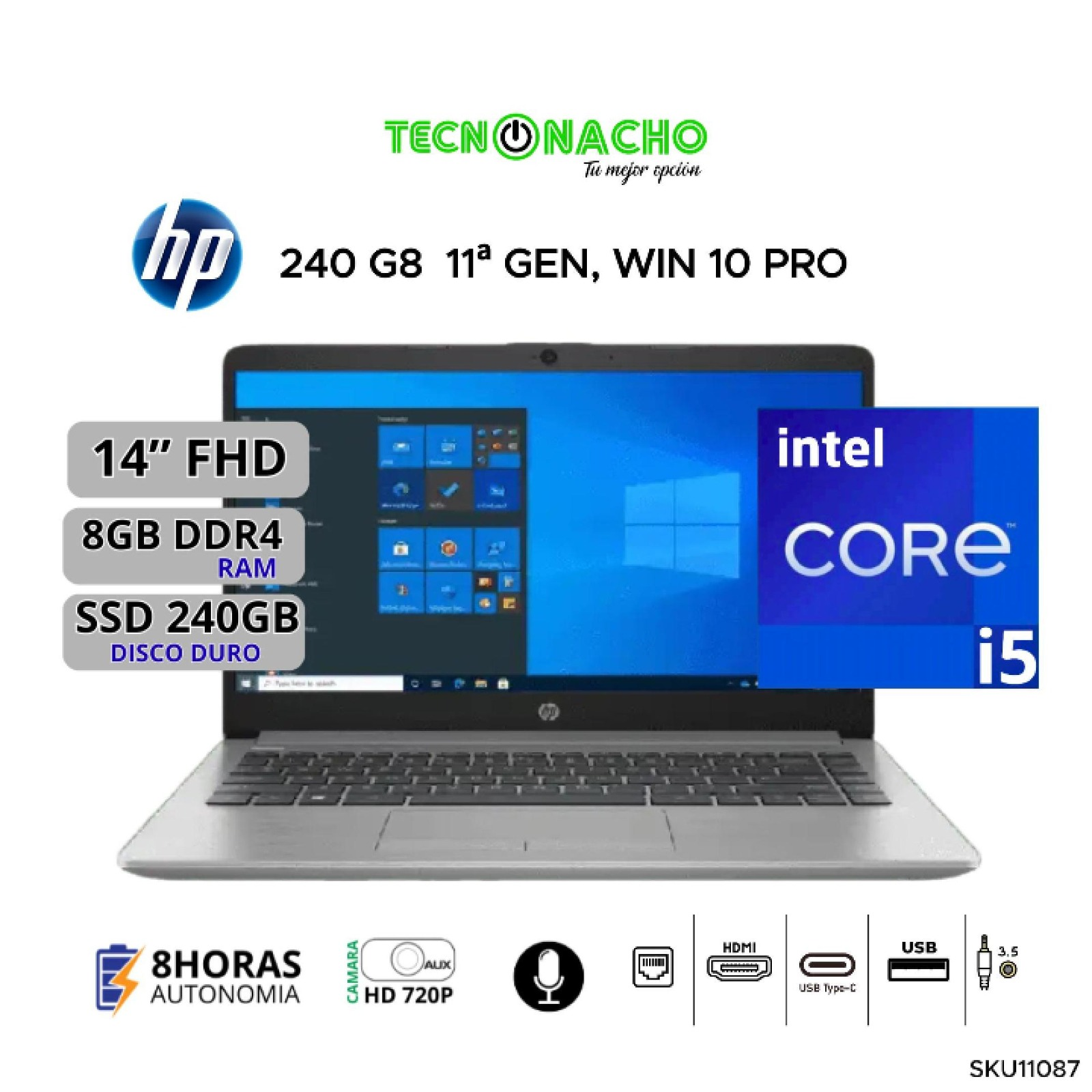 Portátil HP 240 G8 Core i5 11ª Gen, 8GB RAM, SSD 240GB, Win 10 Pro Portátil HP 240 G8 Core i5 11ª Gen, 8GB RAM, SSD 240GB, Win 10 Pro