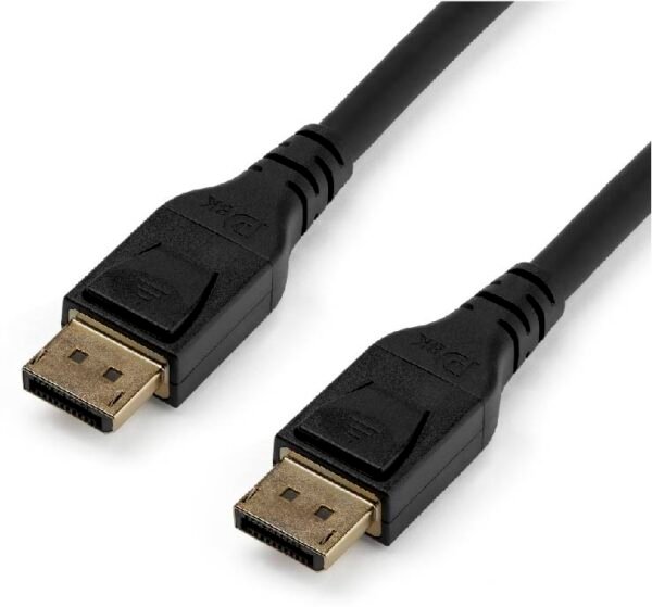 Imagen del Cable DisplayPort 5M conectado a un ordenador y a un monitor.