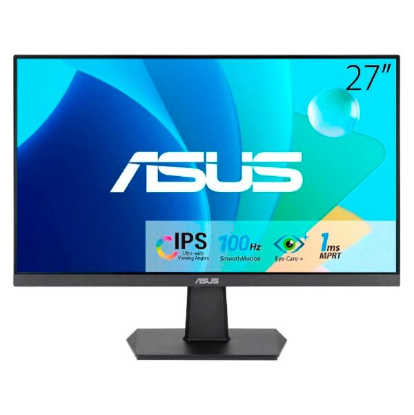 Monitor ASUS 27" VA27EHF Full HD 100Hz IPS. Imagen de un monitor con un diseño elegante y moderno, mostrando imágenes nítidas y vibrantes.