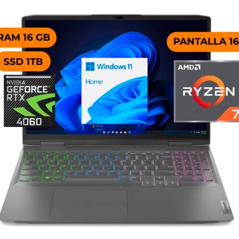 Portátil Lenovo LOQ 16APH8 con procesador Ryzen 7 7840HS, tarjeta gráfica NVIDIA GeForce RTX 4060, 16GB de memoria RAM, 1TB de almacenamiento SSD y pantalla WUXGA de 16 pulgadas.