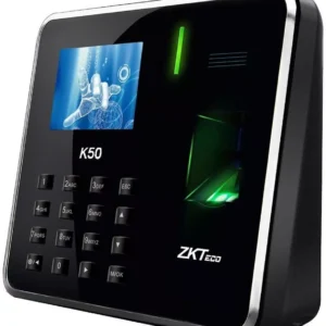 Terminal biométrica ZKTECO K50ID en color negro, mostrando su pantalla TFT LCD a color de 2.8 pulgadas y diseño moderno
