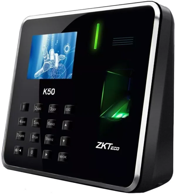 Terminal biométrica ZKTECO K50ID en color negro, mostrando su pantalla TFT LCD a color de 2.8 pulgadas y diseño moderno