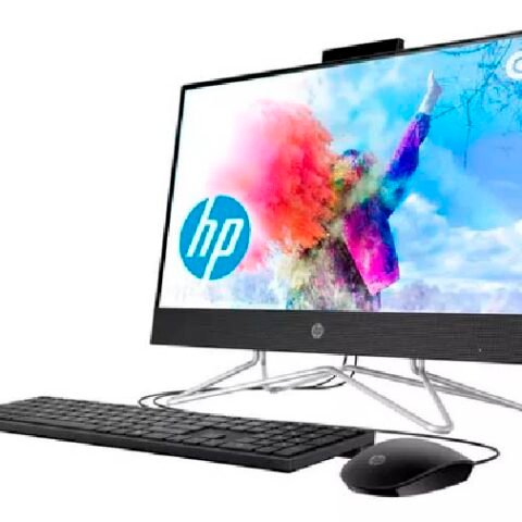 Imagen del PC Todo en Uno HP 22" Ryzen 3 SSD 256GB mostrando su diseño elegante y compacto, pantalla Full HD y teclado y mouse inalámbricos.