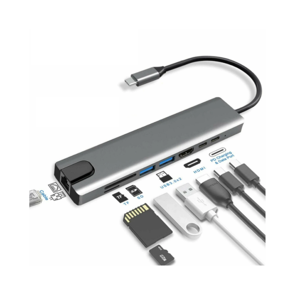 Tarjeta de Red Tipo C LAN con 2 Puertos USB 3.0 + HDMI + 2 Puertos Tipo C + Lector Micro SD y SD + RJ45