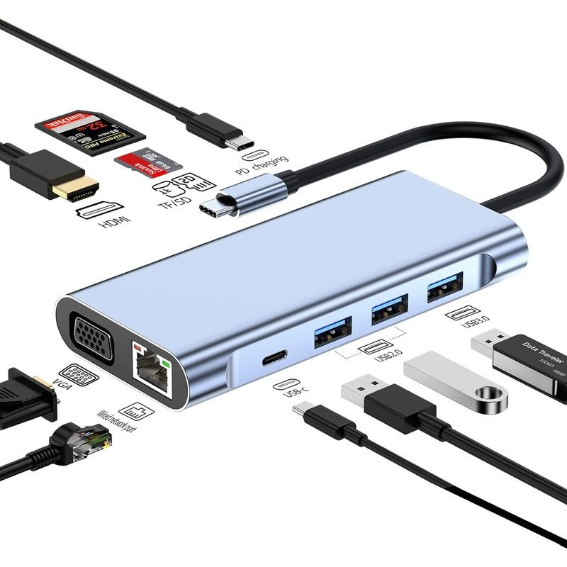 Hub USB‑C Lexa BYL‑2310 11‑en‑1 HDMI VGA RJ45 Audio SD