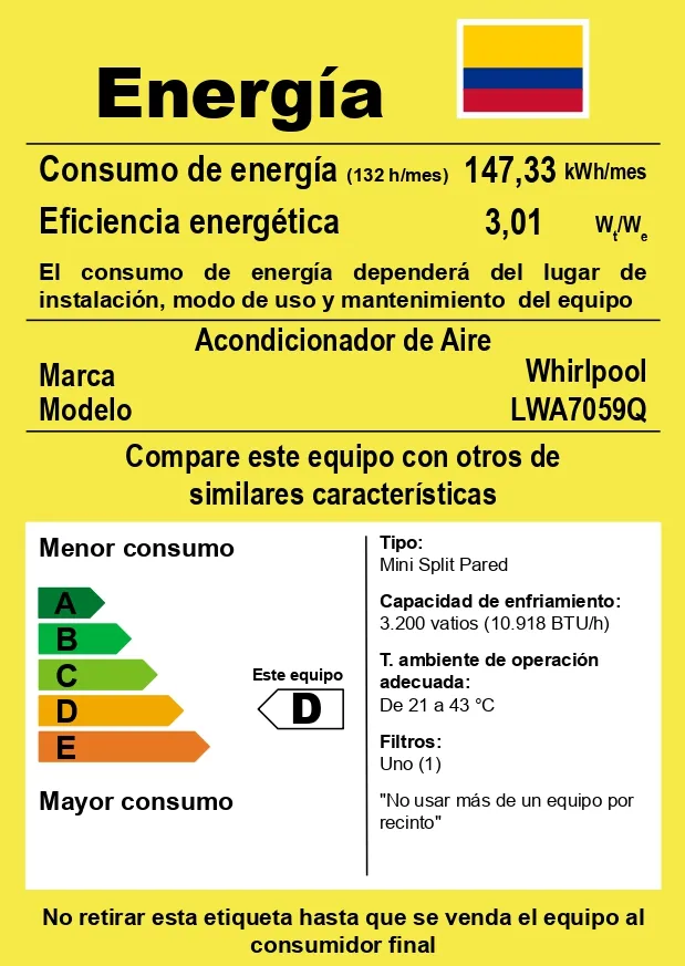 AIRE ACONDICIONADO WHIRPOL MINI SPLIT 12000 BTU 110V INVERTER LWA7059Q EFICIENCIA D