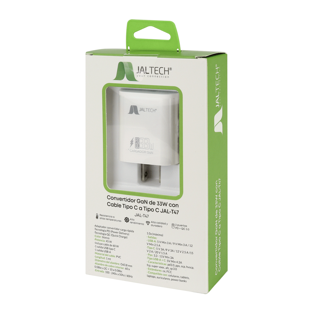 Convertidor GaN Jaltech JAL‑T47 33W QC/PD USB‑C + USB‑A Blanco