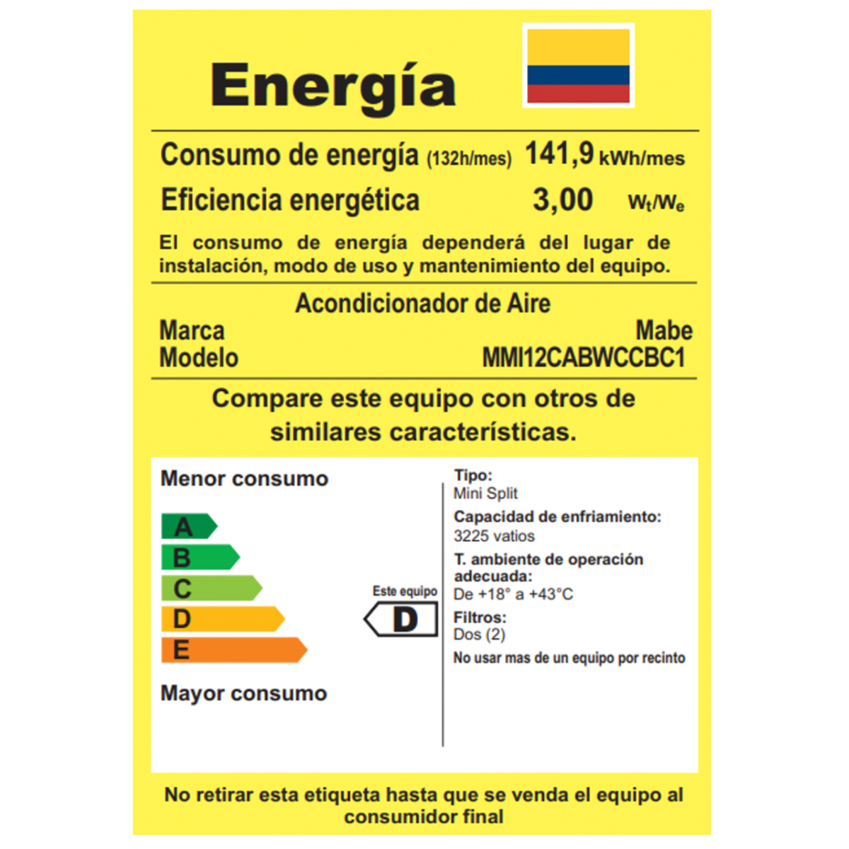 AIRE ACONDICIONADO INVERTER MABE MINI SPLIT 12.000 BTU 110V 60HZ - EFICIENCIA D