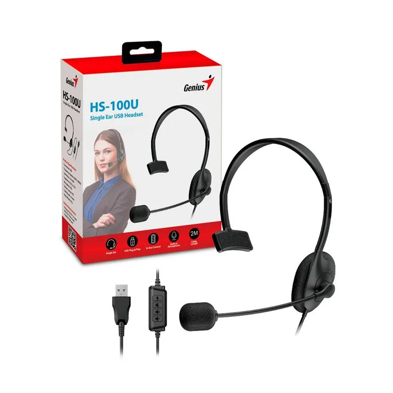Diadema Genius HS‑100U USB Monoaural con Micrófono y Volumen