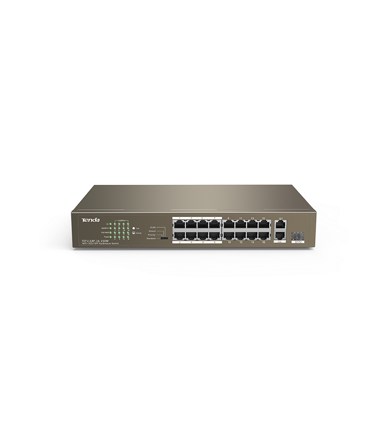 Switch Tenda TEF1118P-16-150W PoE 16 Puertos + 1 Gigabit + 1 SFP 150W Modo CCTV, VLAN y Extend