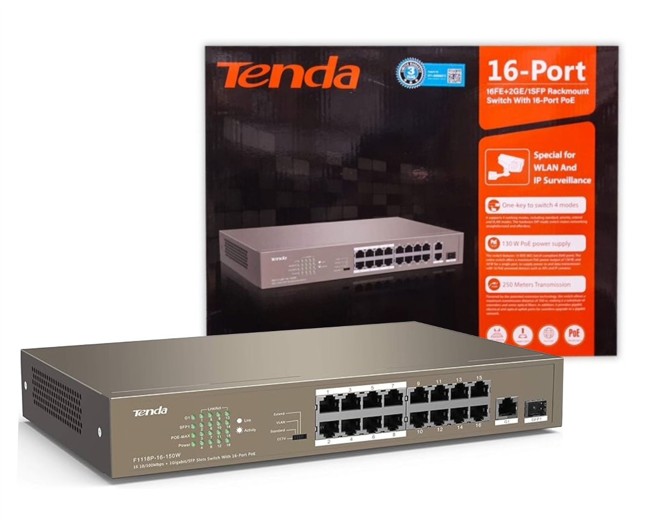 SWITCH 16-PORT POE 10/100MBPS 1SFP TENDA TEF1118P-16-150W