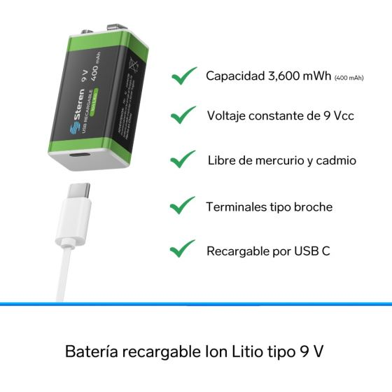 BATERIA RECARGABLE STEREN 9V USB TIPO C BAT-LI-9V 400MAH CUADRADA