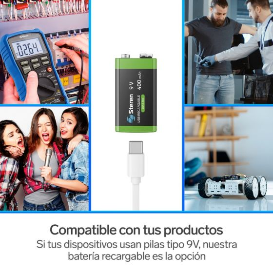 BATERIA RECARGABLE STEREN 9V USB TIPO C BAT-LI-9V 400MAH CUADRADA