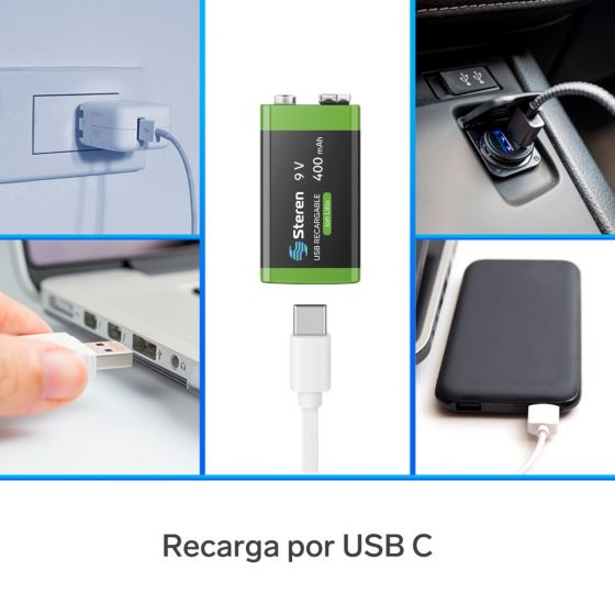 BATERIA RECARGABLE STEREN 9V USB TIPO C BAT-LI-9V 400MAH CUADRADA