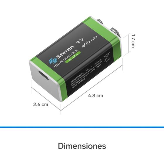 BATERIA RECARGABLE STEREN 9V USB TIPO C BAT-LI-9V 400MAH CUADRADA