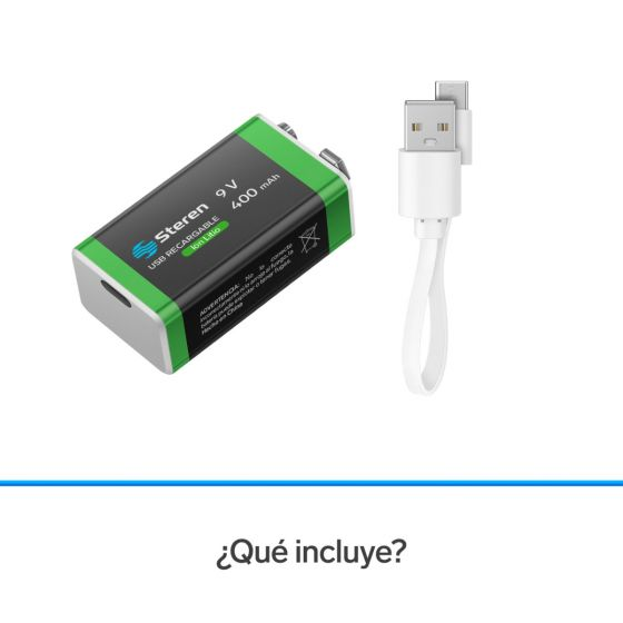 BATERIA RECARGABLE STEREN 9V USB TIPO C BAT-LI-9V 400MAH CUADRADA