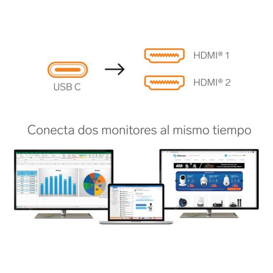 CABLE ADAPTADOR USB TIPO C MACHO A DOS PUERTOS HDMI HEMBRA STEREN USB-4734