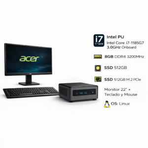 Computador Power Group NUC Intel Core i7-1185G7 8GB DDR4 3200MHz SSD 512GB NVMe + Monitor 21.5” + Teclado y Mouse Computador Power Group NUC Intel Core i7-1185G7 8GB DDR4 3200MHz SSD 512GB NVMe + Monitor 21.5” + Teclado y Mouse