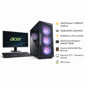 Computador Gamer Power Group R56162MR96 Ryzen 5 5600GT 16GB DDR4 RGB SSD 512GB RX 9060XT 8GB 600W 80+ Bronze + Monitor 21.5” Computador Gamer Power Group R56162MR96 Ryzen 5 5600GT 16GB DDR4 RGB SSD 512GB RX 9060XT 8GB 600W 80+ Bronze + Monitor 21.5”