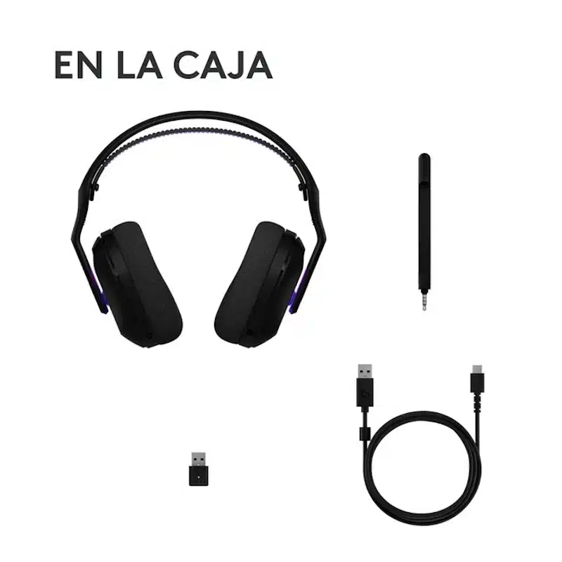 Contenido caja Logitech G522 LIGHTSPEED auriculares dongle USB-A cable USB-C micrófono extraíbl