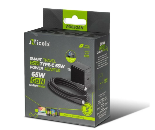 Cargador para Celular Nicols USB Tipo C GaN 65W con Cable Tipo C NC-65W