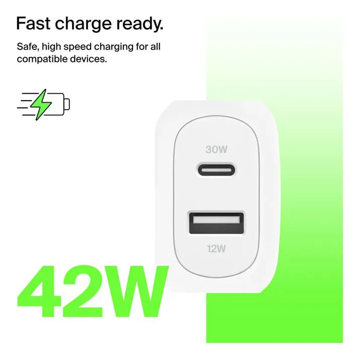 CARGADOR BELKIN DE PARED DUAL 1 PUERTO USB TIPO C 30W 1 USB-A 12W + CABLE TIPO C 42W
