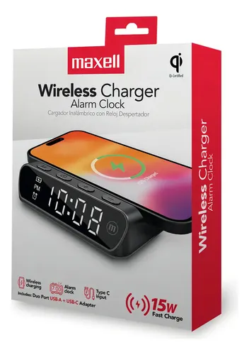 Cargador Inalámbrico Maxell QIAC-115 con Reloj Despertador Qi USB-C