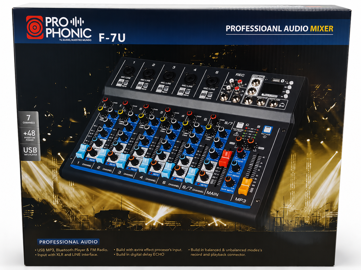 Mezcladora Analógica Prophonic F-7U de 7 Canales USB y Bluetooth