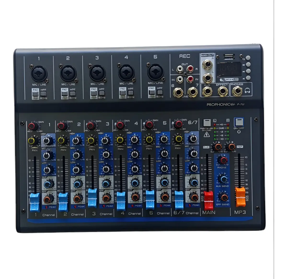 Controles de la consola analógica Prophonic F-7U