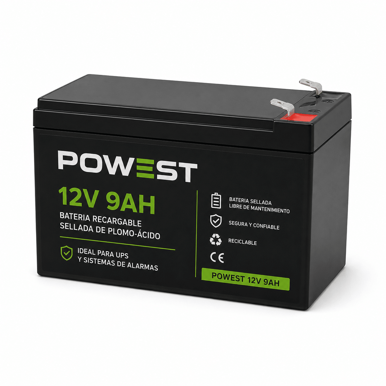 Batería Sellada 12V 9Ah Powest Recargable para UPS y Sistemas de Alarma