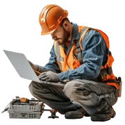 Técnico trabajando con laptop y herramientas
