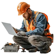 Técnico trabajando con laptop y herramientas